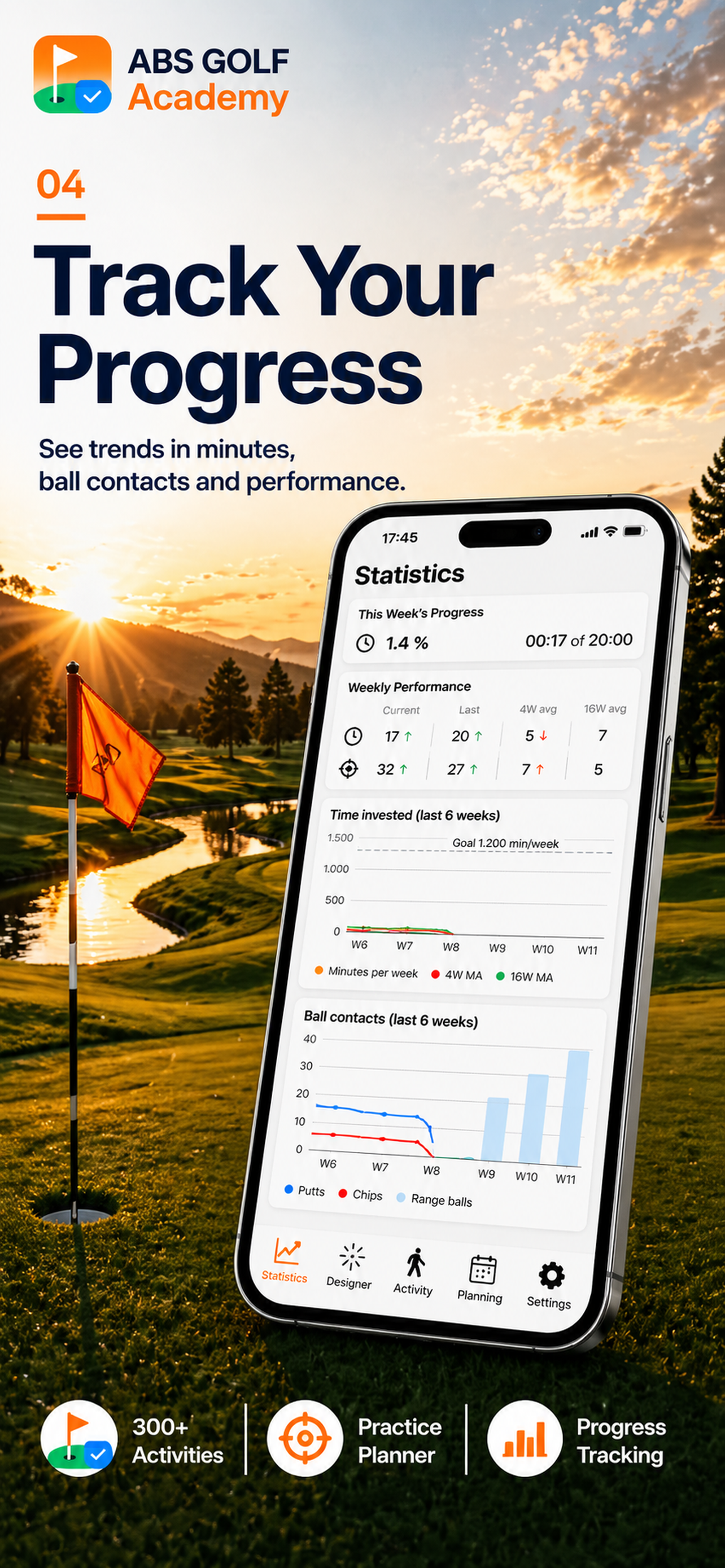 ABS Golf Academy App Store marketing card presenting focused practice planning.