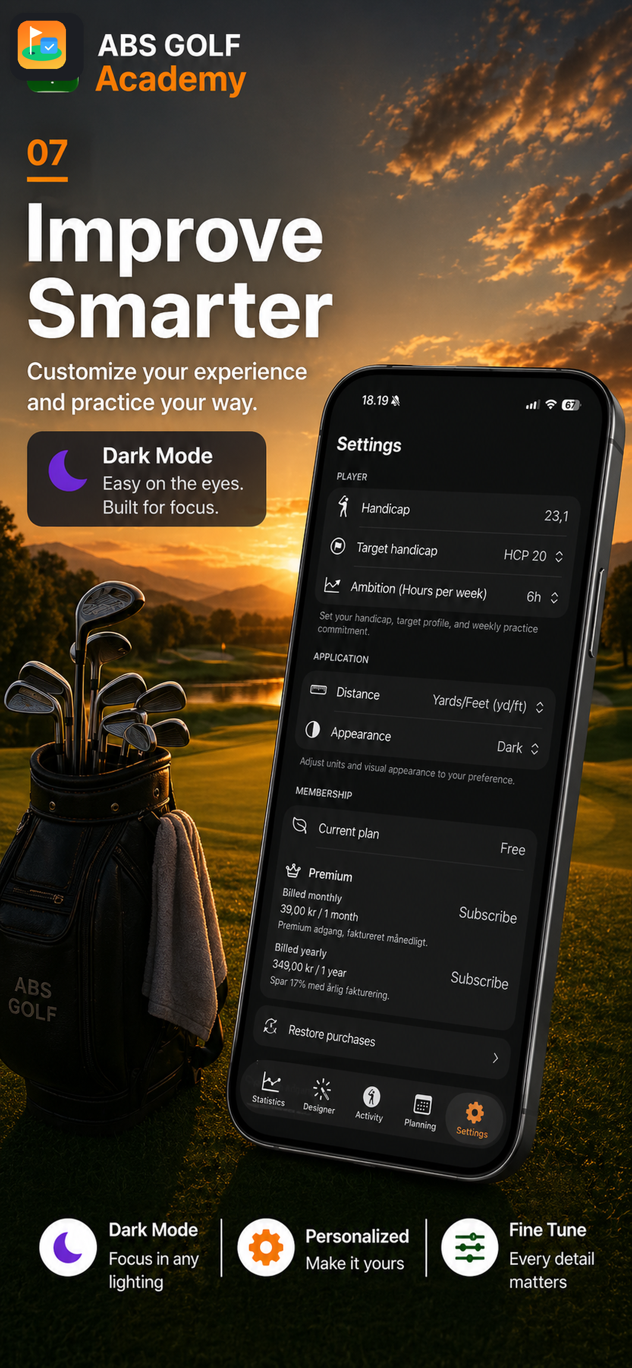 ABS Golf Academy app presentation card showing the app in a dark interface context.