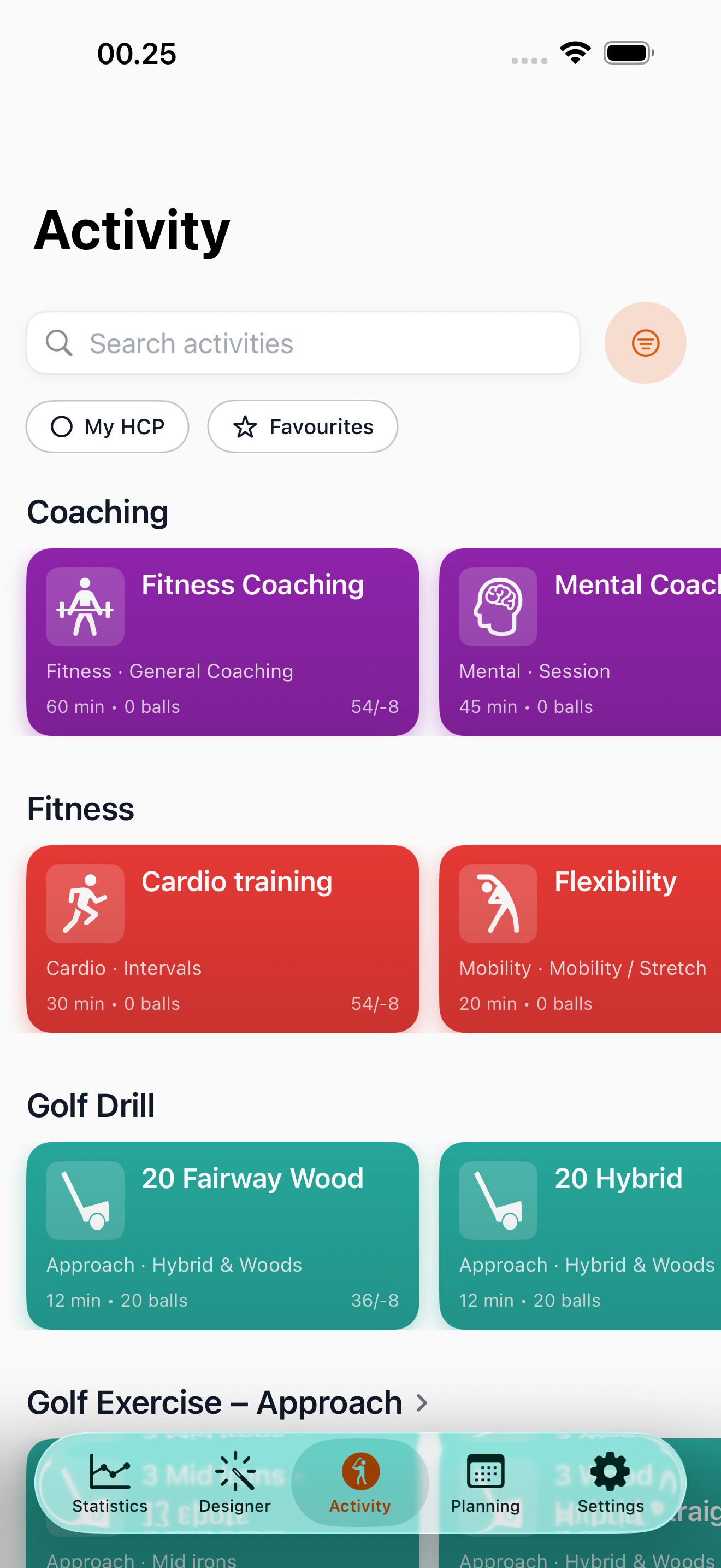 ABS Golf Academy Activity catalog with search, filters and practice categories.