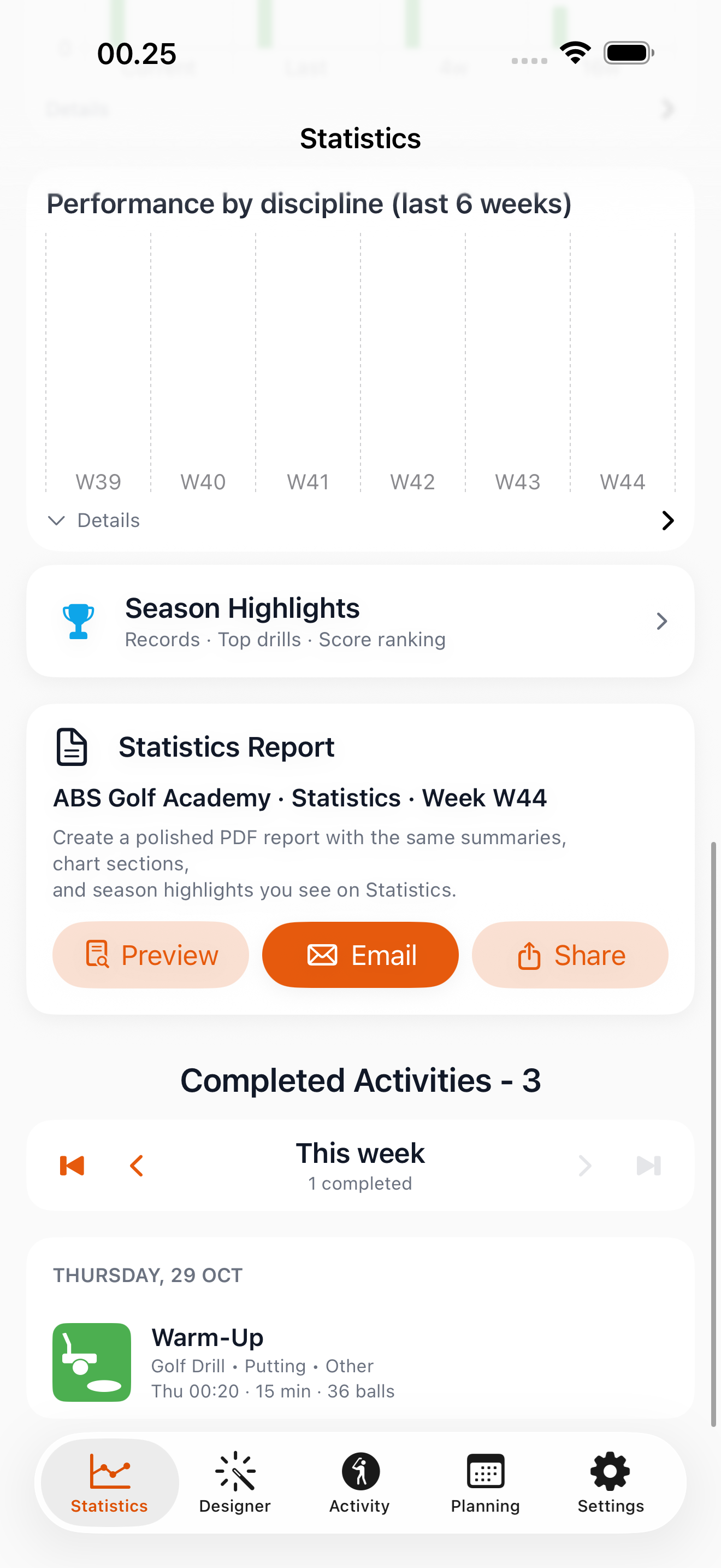 ABS Golf Academy Statistics Report with preview, email and share actions.