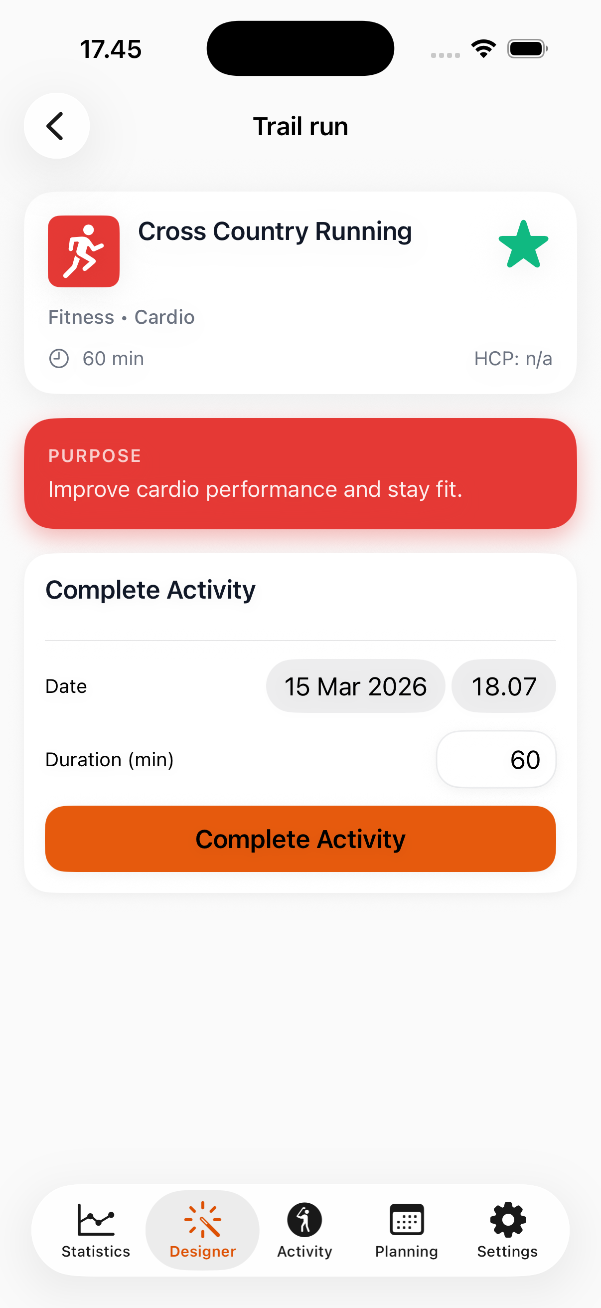 Designed activity result