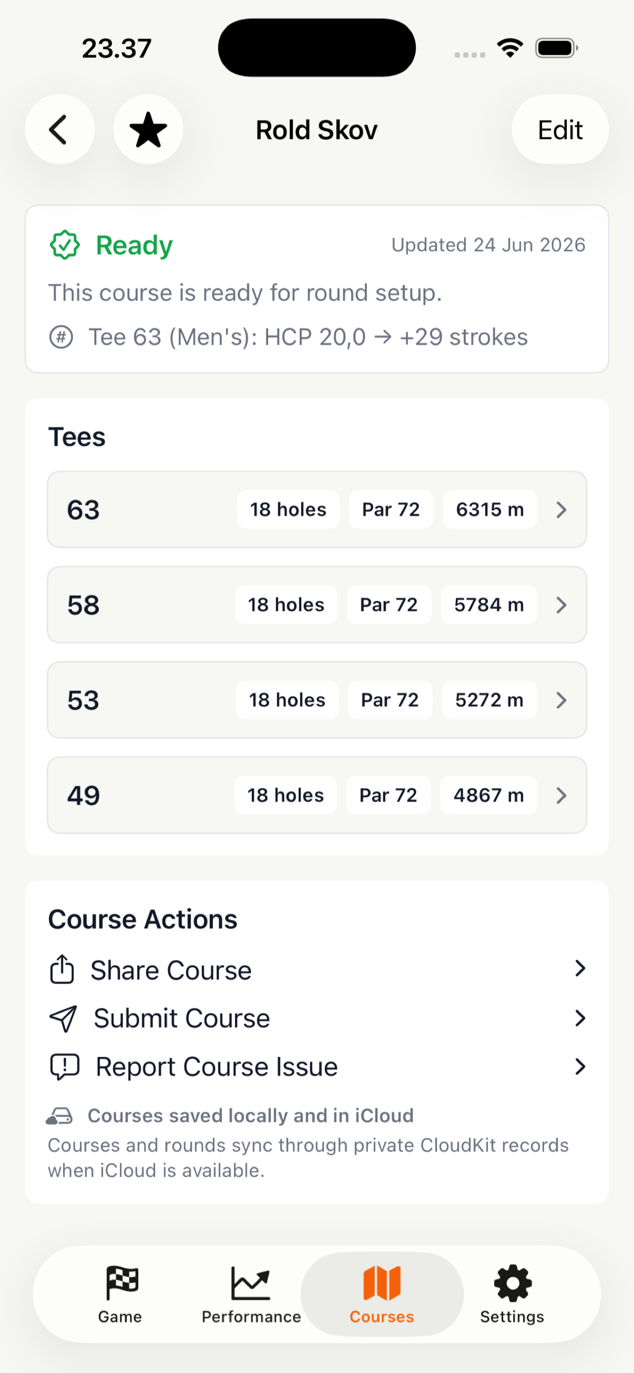 ABS Golf Performance course detail screen showing tees for a selected course.